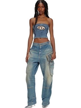 Diesel Blue Striped Ribbed Strapless Crop Tank